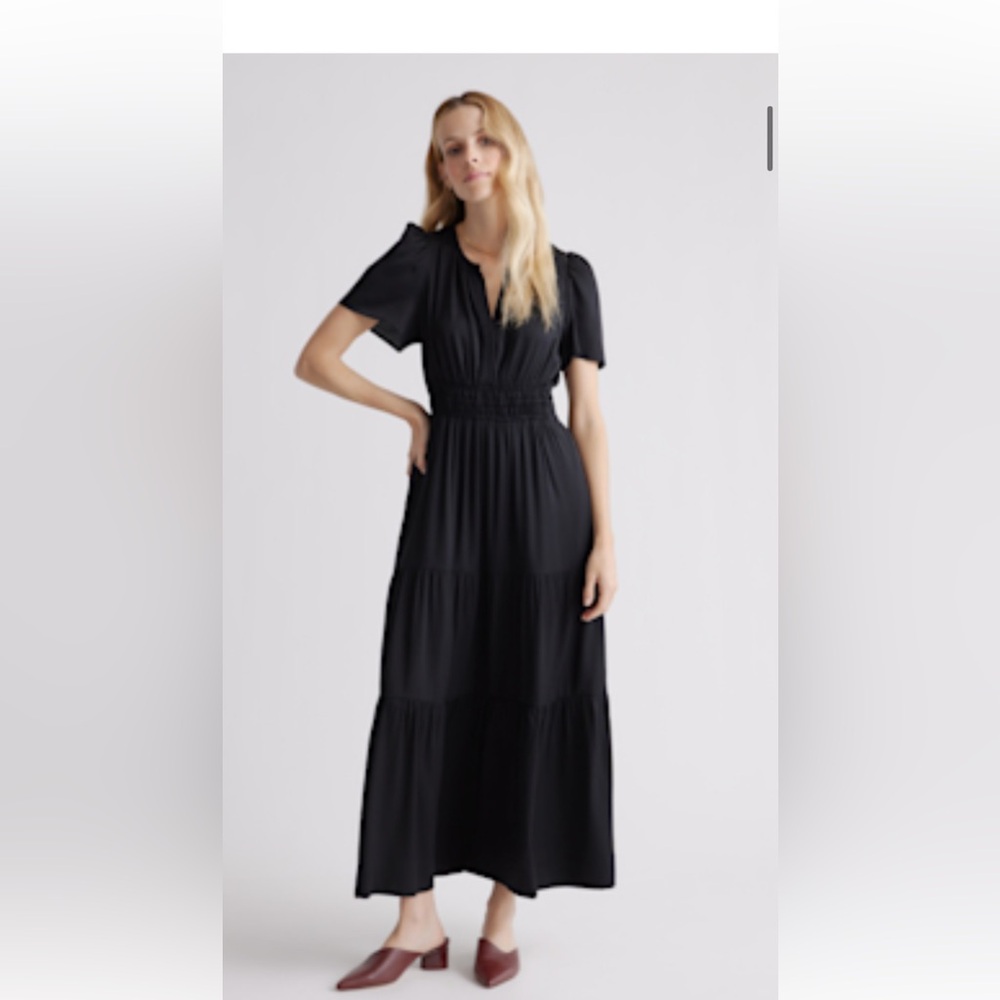 Quince Black Smocked silk Maxi Dress with Flutter Sleeves